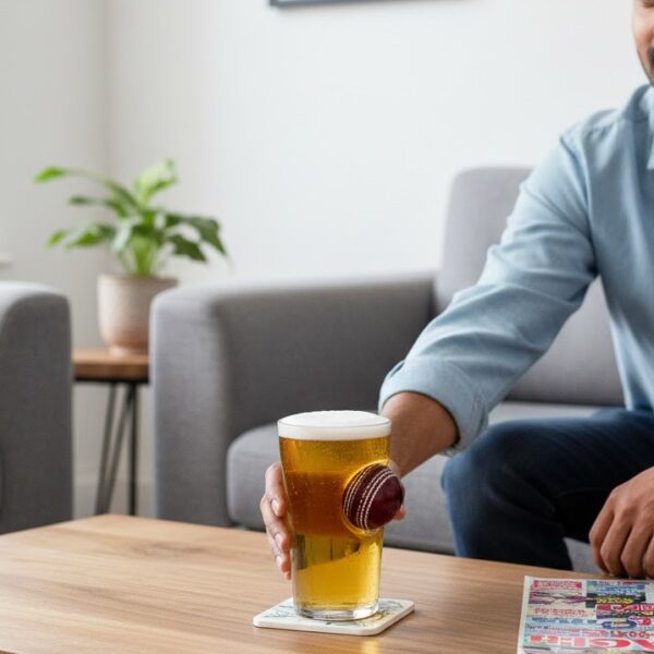 A personalised 20oz beer glass with a red cricket ball embedded into the side, custom engraved with the text 'Howzat! Happy 30th Birthday Thomas' on a clean surface.