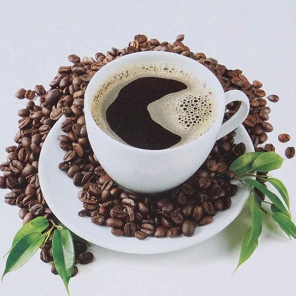 Cup of coffee on a saucer surrounded by roasted coffee beans and green leaves