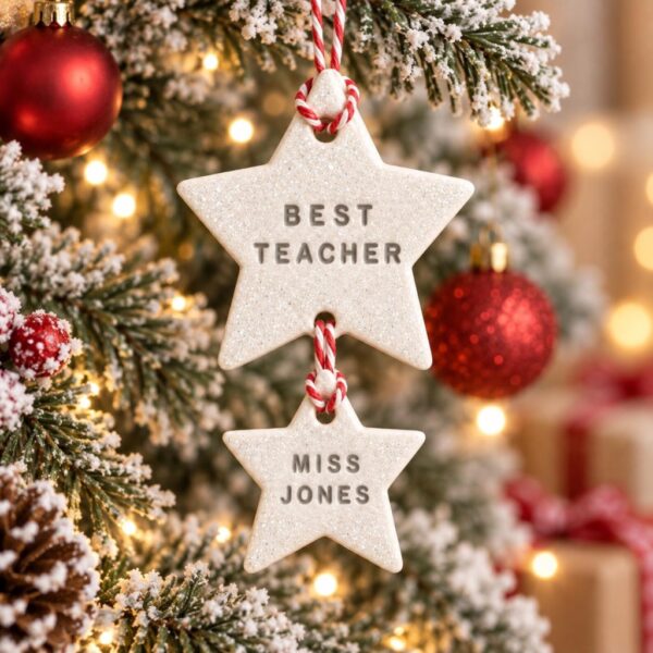 Personalised white clay double star Christmas ornament hand-stamped with Best Teacher and Miss Jones hanging on an illuminated Christmas tree