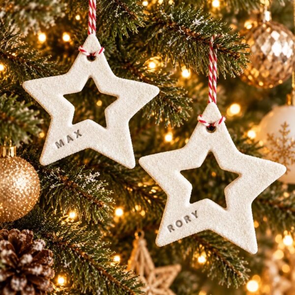 Two personalised white clay cut-out Christmas star decorations hand-stamped with the names Max and Rory hanging on a festive Christmas tree