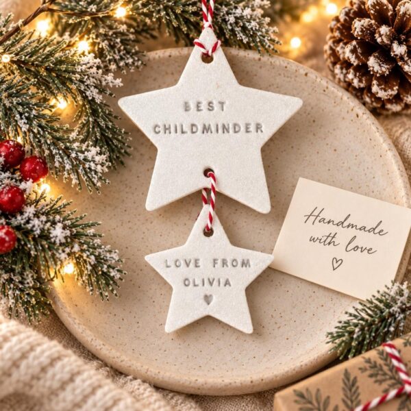 Personalised white clay star decoration hand-stamped with Best Childminder and Love From Olivia alongside a Handmade with love card