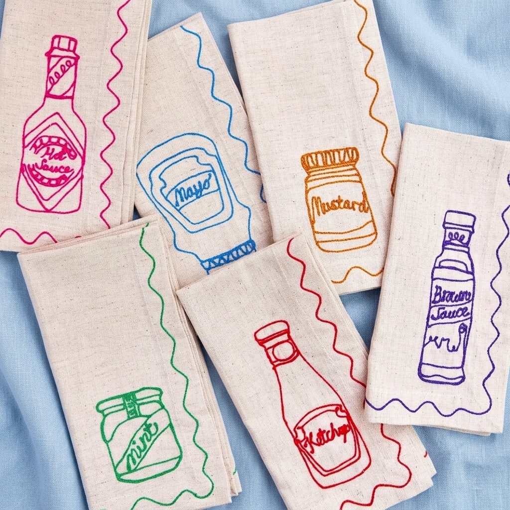 Set of Six Embroidered Food Condiment Napkins - Thumbnail 1