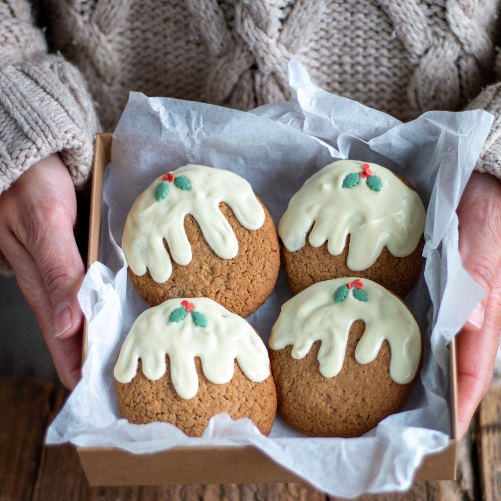 Hands in a cosy knit jumper holding a gift box containing four gingerbread cookies decorated as Christmas puddings with white chocolate and holly sprinkles.