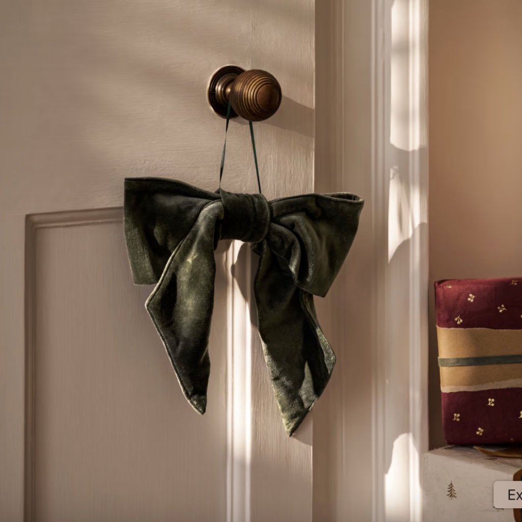 A plush fern green cotton velvet Christmas door bow with a thin hanging loop displayed against a white door.