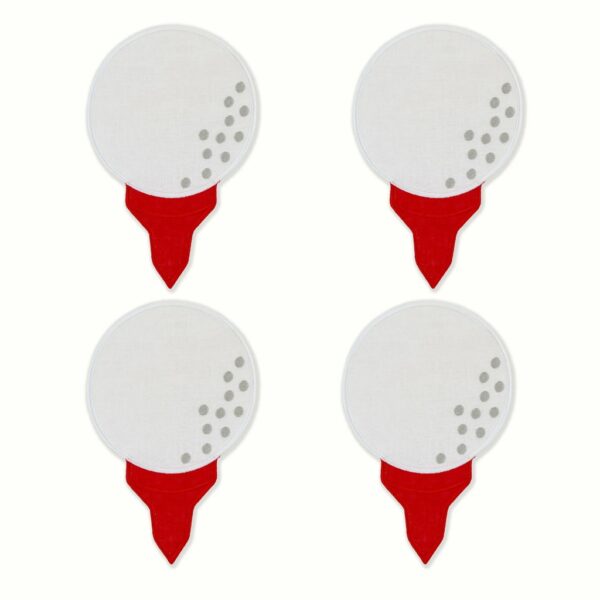 A set of four white linen cocktail napkins shaped like golf balls with grey dimples, each resting on an attached red linen tee silhouette against a plain white background.