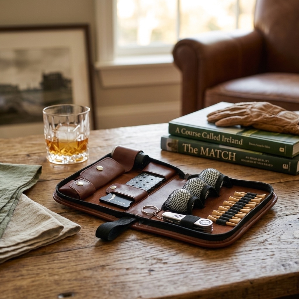 An open brown faux leather golf accessories case resting on a rustic wooden coffee table alongside a glass of whiskey, folded linen napkins, a leather glove, and books about golf.