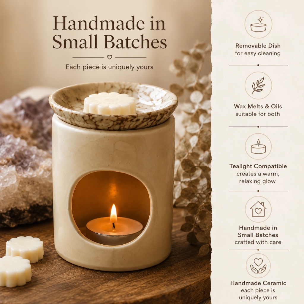 Handmade Crackled Cream Ceramic Oil Burner & Wax Warmer - Thumbnail 2