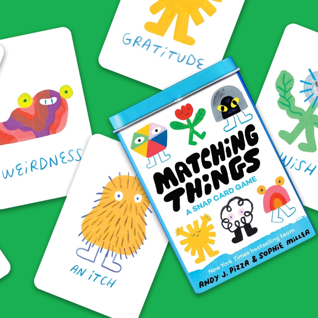 Matching Things snap card game for children featuring colourful cards like The Giggles and An Itch next to a blue travel tin.