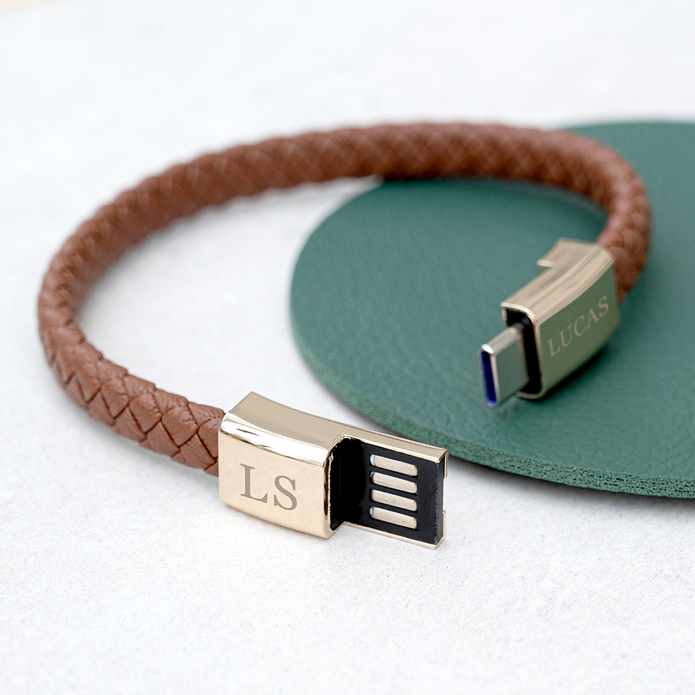 Personalised Men's USB-C Charger Bracelet | Tan - Thumbnail 4