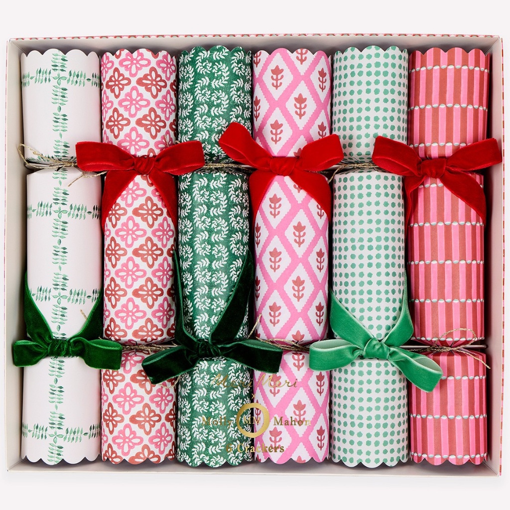 Set of Six Patterned Velvet Ribbon Christmas Crackers - Thumbnail 1