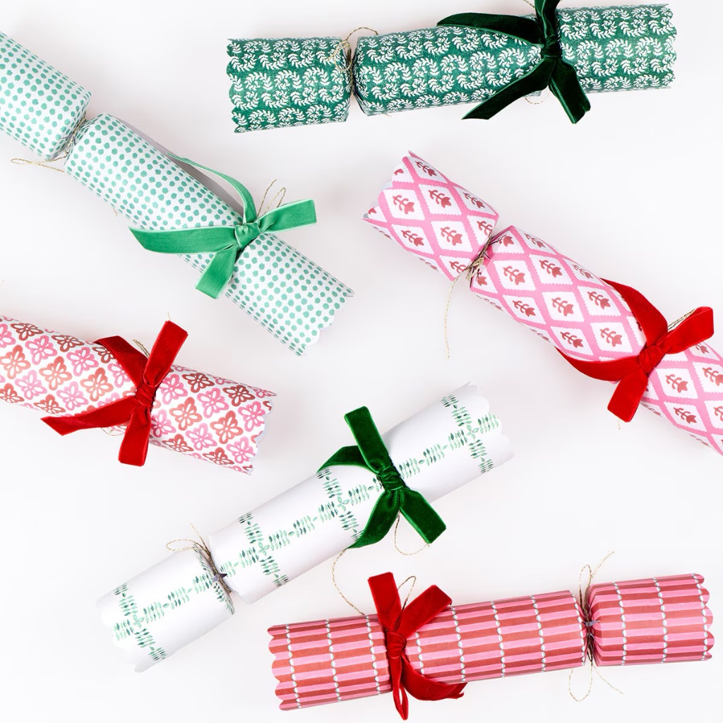Set of Six Patterned Velvet Ribbon Christmas Crackers - Thumbnail 2