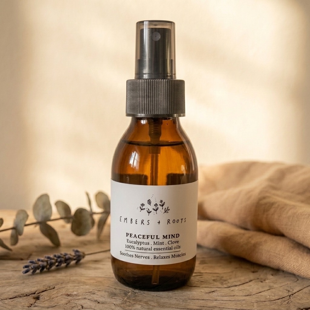Peaceful Mind luxury aromatherapy room spray mist in a 100ml amber glass bottle by Abode Home & Gifts, styled in warm sunlight with lavender and eucalyptus