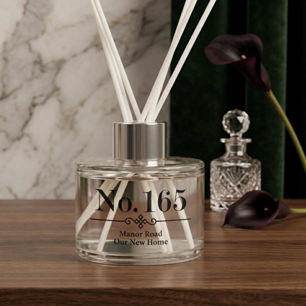 Personalised glass reed diffuser with silver collar on a dark wood surface set against marble and deep green velvet background by Abode Home & Gifts