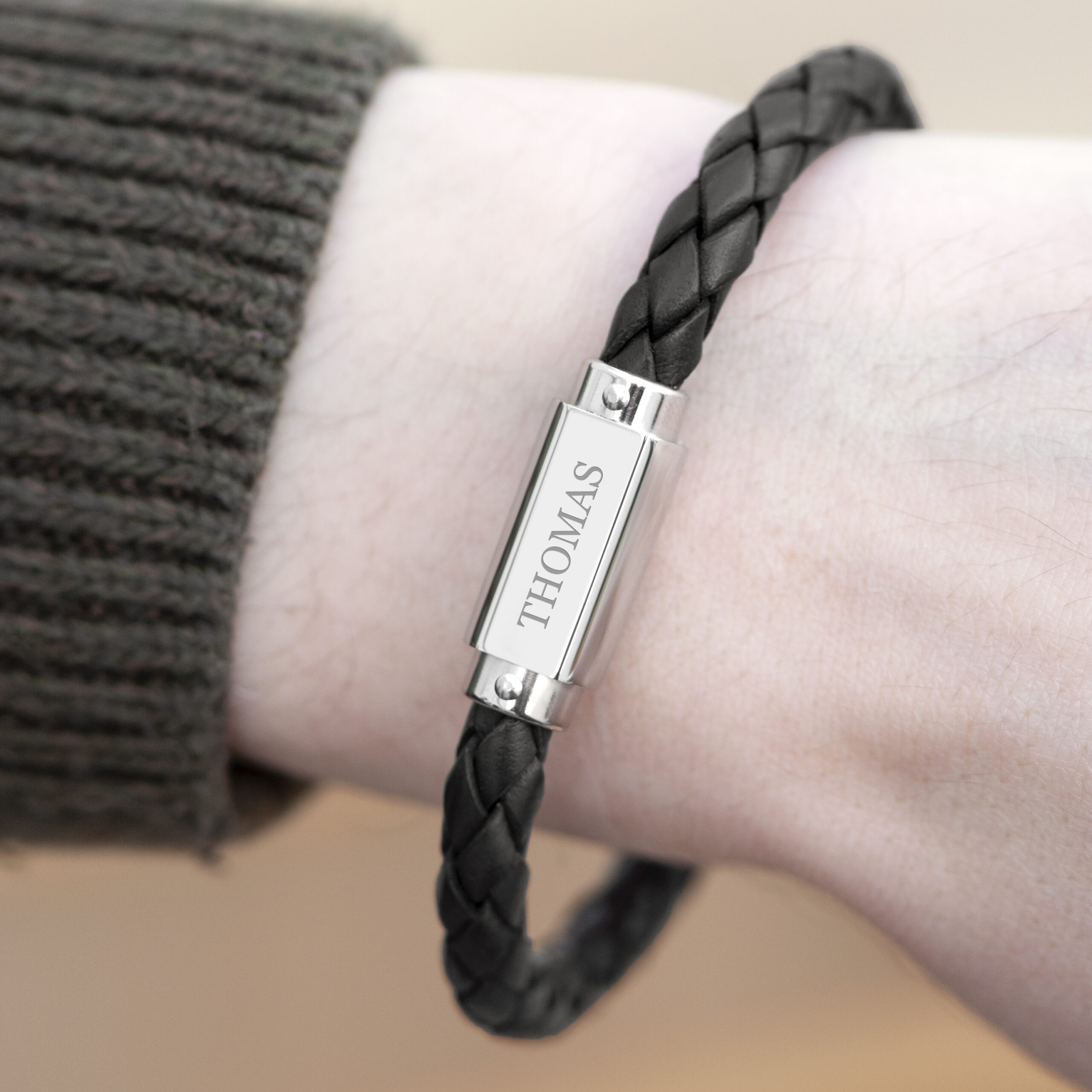 Personalised Luxury Men's Leather Bracelet | Black - Thumbnail 4