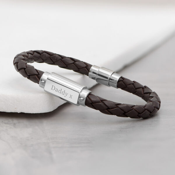 Personalised men's brown braided leather bracelet with a polished stainless steel plate engraved with Daddy x