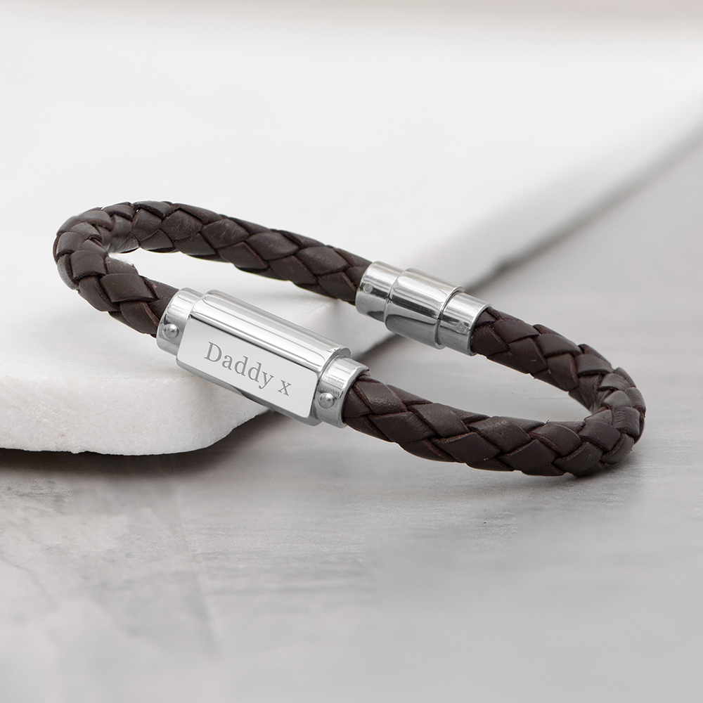 Personalised men's brown braided leather bracelet with a polished stainless steel plate engraved with Daddy x