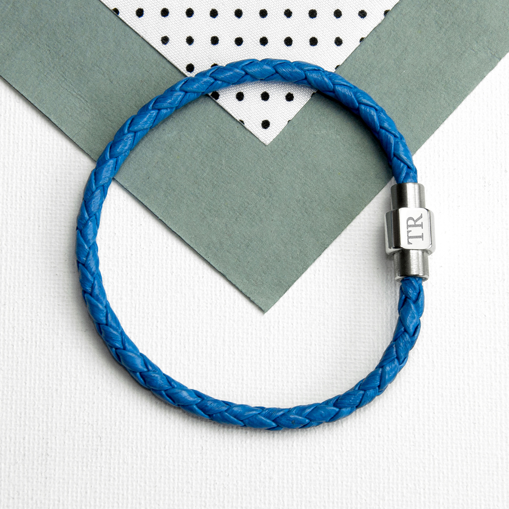 Personalised Men's Woven Leather Bracelet | Cobalt Blue - Thumbnail 4