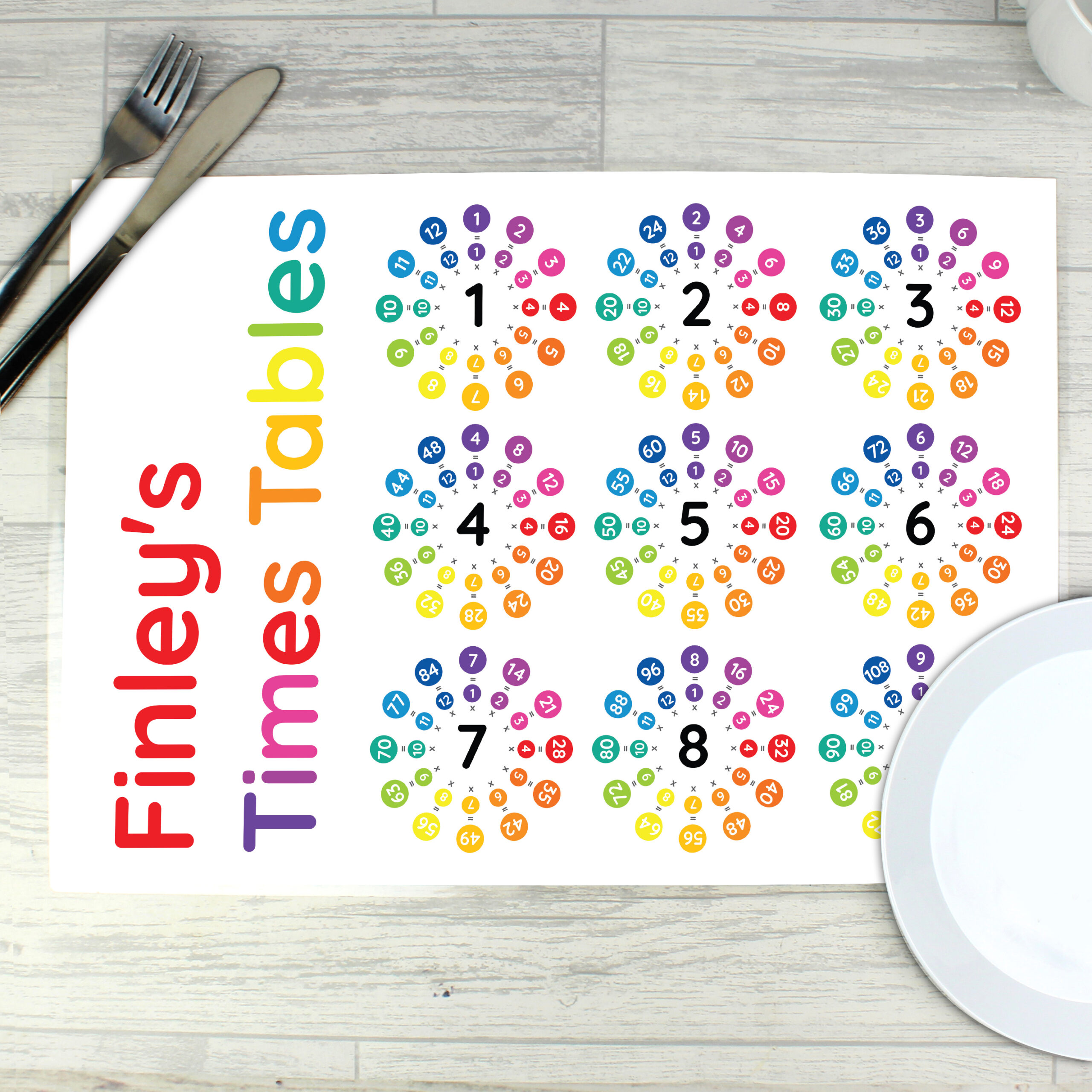 A fully laminated personalised times tables placemat featuring colorful multiplication wheels printed with the text Finley's Times Tables, set on a wooden table next to cutlery and a plate.