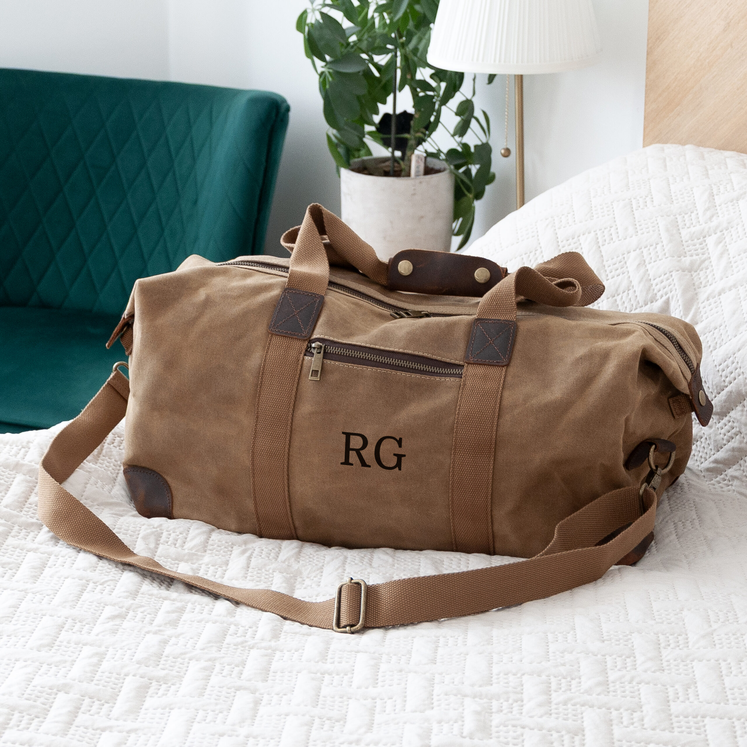 Monogrammed Luxury Waxed Canvas Holdall | Brown - Thumbnail 1