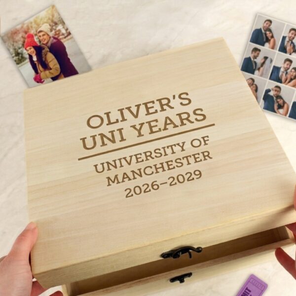 Personalised wooden university keepsake box engraved with custom name and university details
