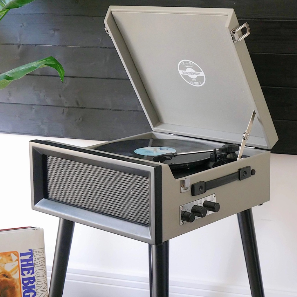 Retro Record Player On Legs with Bluetooth and Radio | Grey - Thumbnail 3