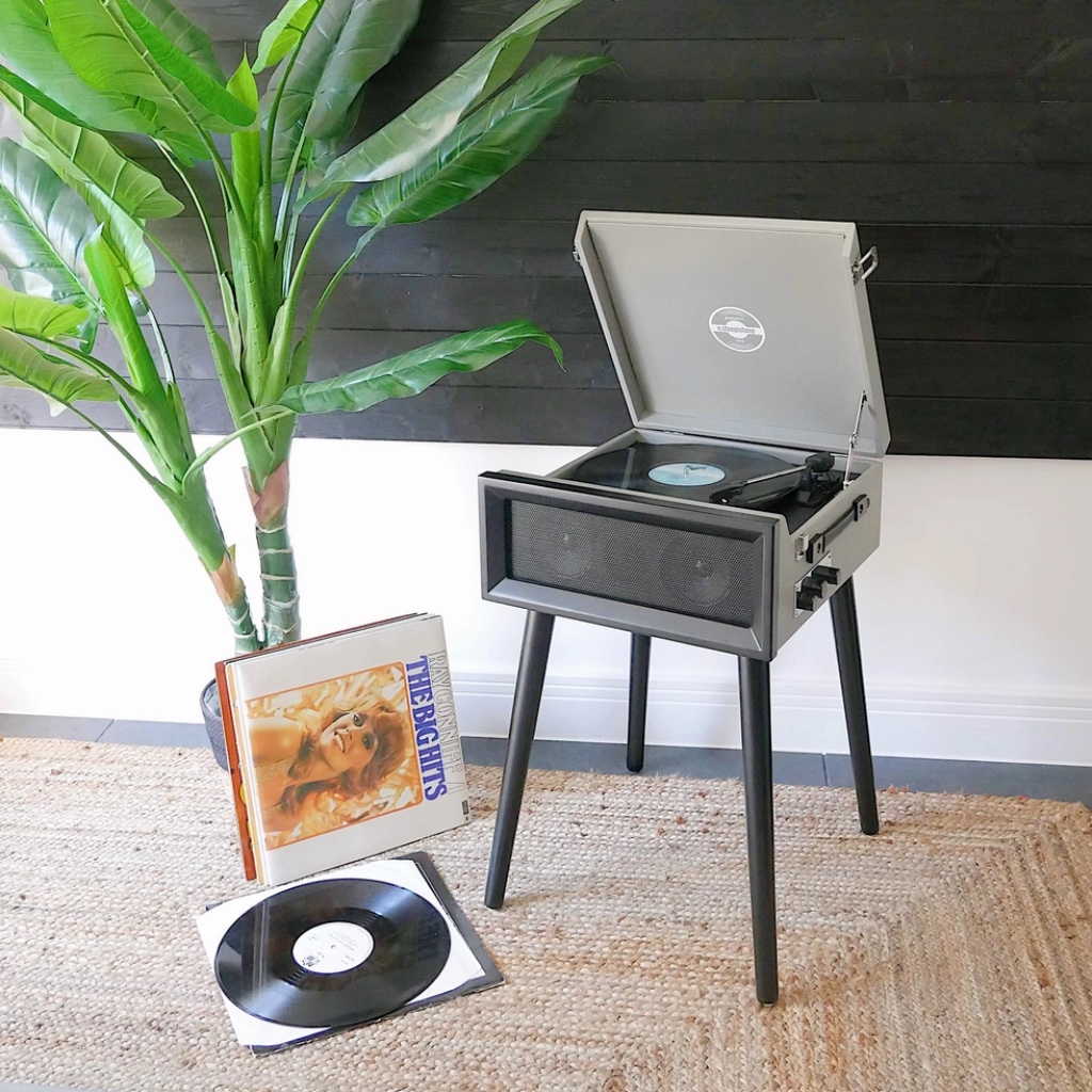 Retro Record Player On Legs with Bluetooth and Radio | Grey - Thumbnail 4