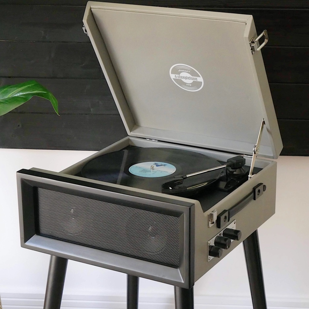 Retro Record Player On Legs with Bluetooth and Radio | Grey - Thumbnail 2