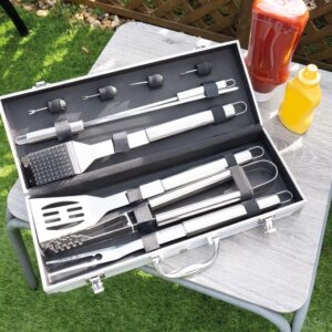 10-Piece Stainless Steel Grill Utensil Set with Aluminium Storage Case - Abode Home & Gifts