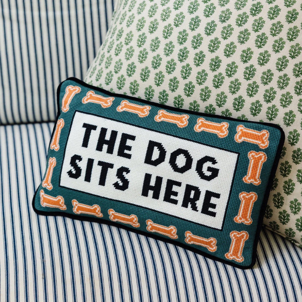 'The Dog Sits Here' Needlepoint Pillow - Thumbnail 2
