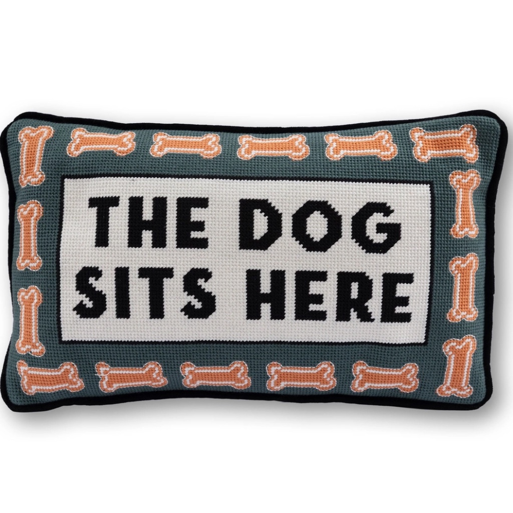 'The Dog Sits Here' Needlepoint Pillow - Thumbnail 3