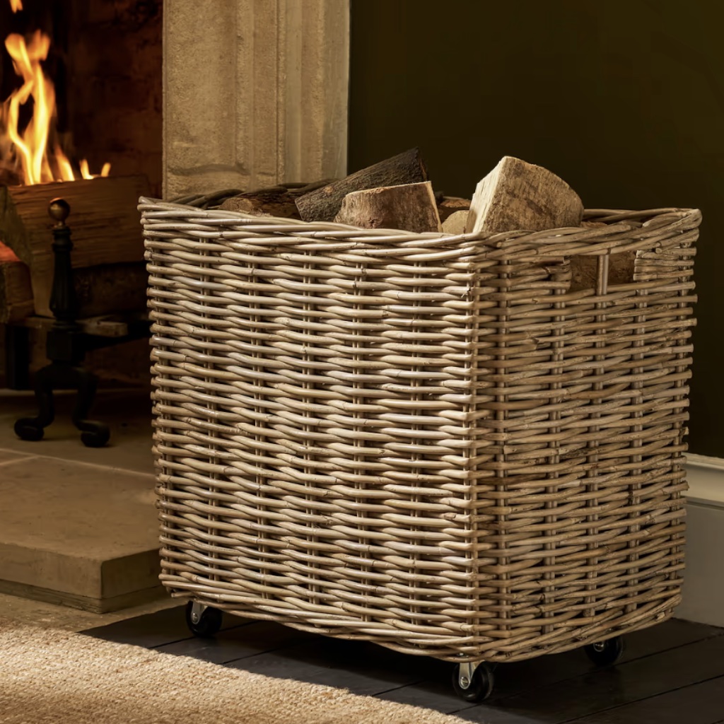 Rattan Log Basket On Wheels - Thumbnail 1