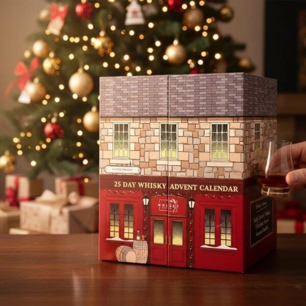 25 Day Scotch Whisky Advent Calendar shaped like a townhouse, with a whisky glass beside it
