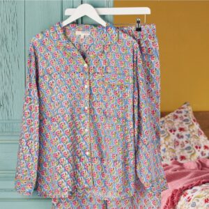 Blue Floral Block Print Cotton Pyjamas - Thumbnail 1