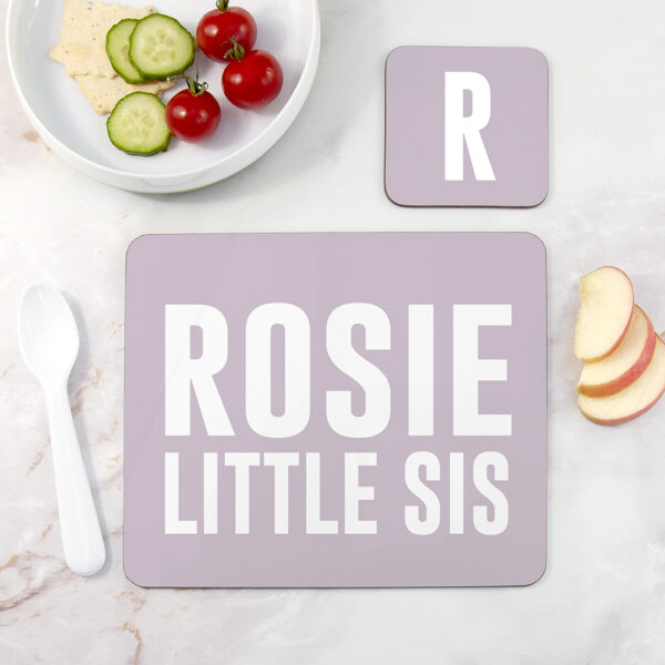 Girl's personalised lilac sis placemat printed with Rosie Little Sis next to a matching initial R coaster
