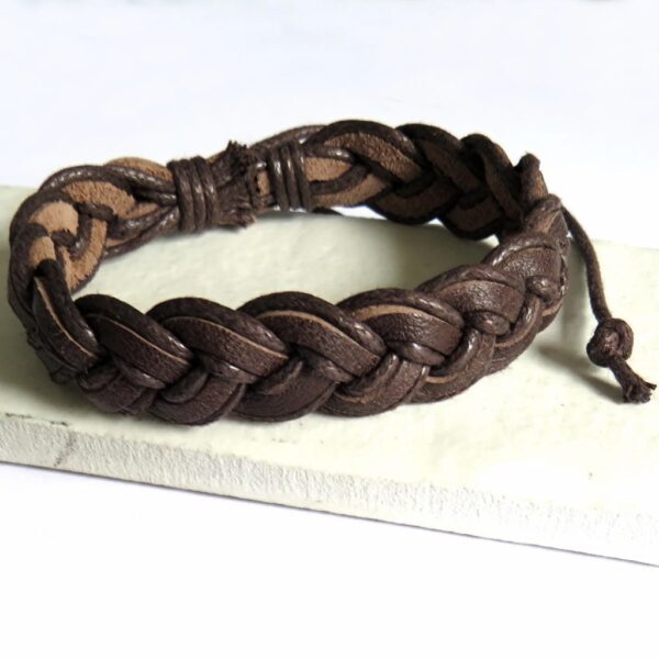 Men's brown pleated leather bracelet with braided strands and adjustable cord fastening