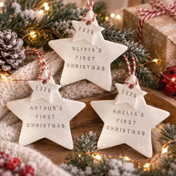 Three personalised white clay baby's first Christmas star ornaments hand-stamped for Olivia, Arthur, and Amelia with 2026 year stars