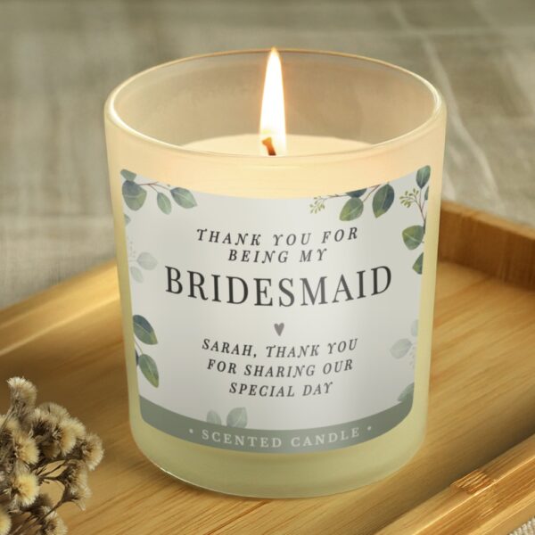 Personalised botanical vanilla jar candle for bridesmaid with green leaf border