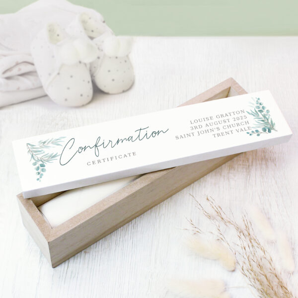 Personalised botanical wooden confirmation certificate holder with open lid displaying text for Louise Gratton