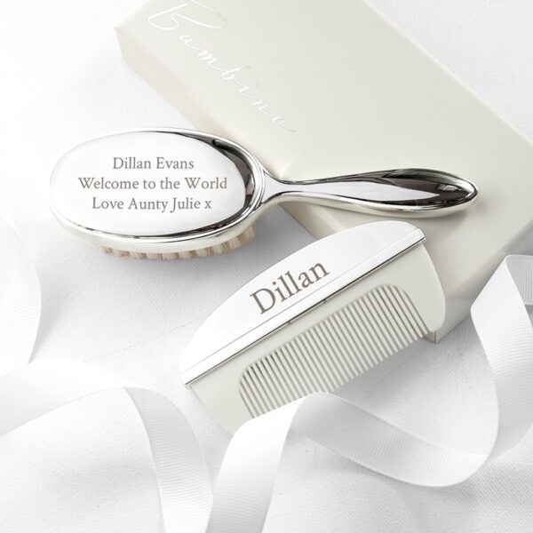 Personalised engraved message silver baby brush and comb set displayed with white ribbon