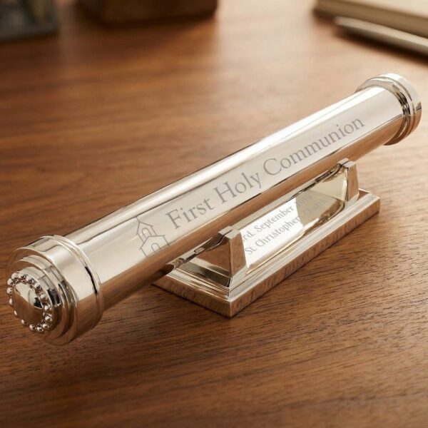 Personalised First Holy Communion certificate holder displayed on its engraved silver plated stand on a wooden table