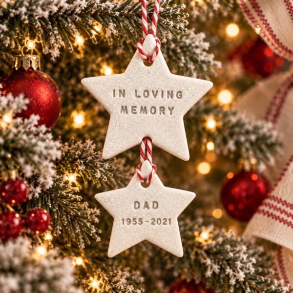 Personalised memorial star decoration made of handcrafted white clay with hand-stamped text hanging on a Christmas tree