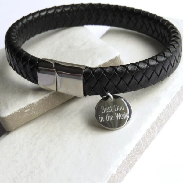 Personalised men's black braided leather bracelet with silver fastening and engraved Best Dad in the World charm