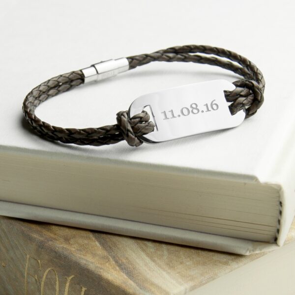 Personalised men's statement brown leather bracelet with an engraved silver ID plate showing 11.08.16