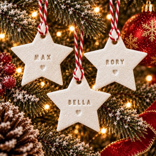 Three personalised mini white clay Christmas star decorations hand-stamped with the names Max, Rory, and Bella hanging together on a festive Christmas tree