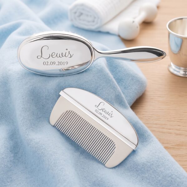 Personalised classic silver-plated baby brush and comb set engraved with the name Lewis on soft blue blanket