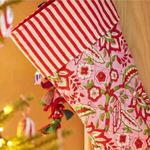 Pink Floral Block Print Christmas Stocking - Thumbnail 2