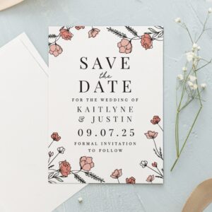 Set of 36 Personalised Pink Floral Wedding Save the Dates - Abode Home & Gifts