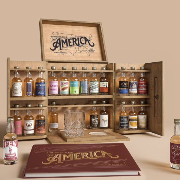 Luxury whisky advent calendar with 24 American whiskey bottles in an open wooden display case